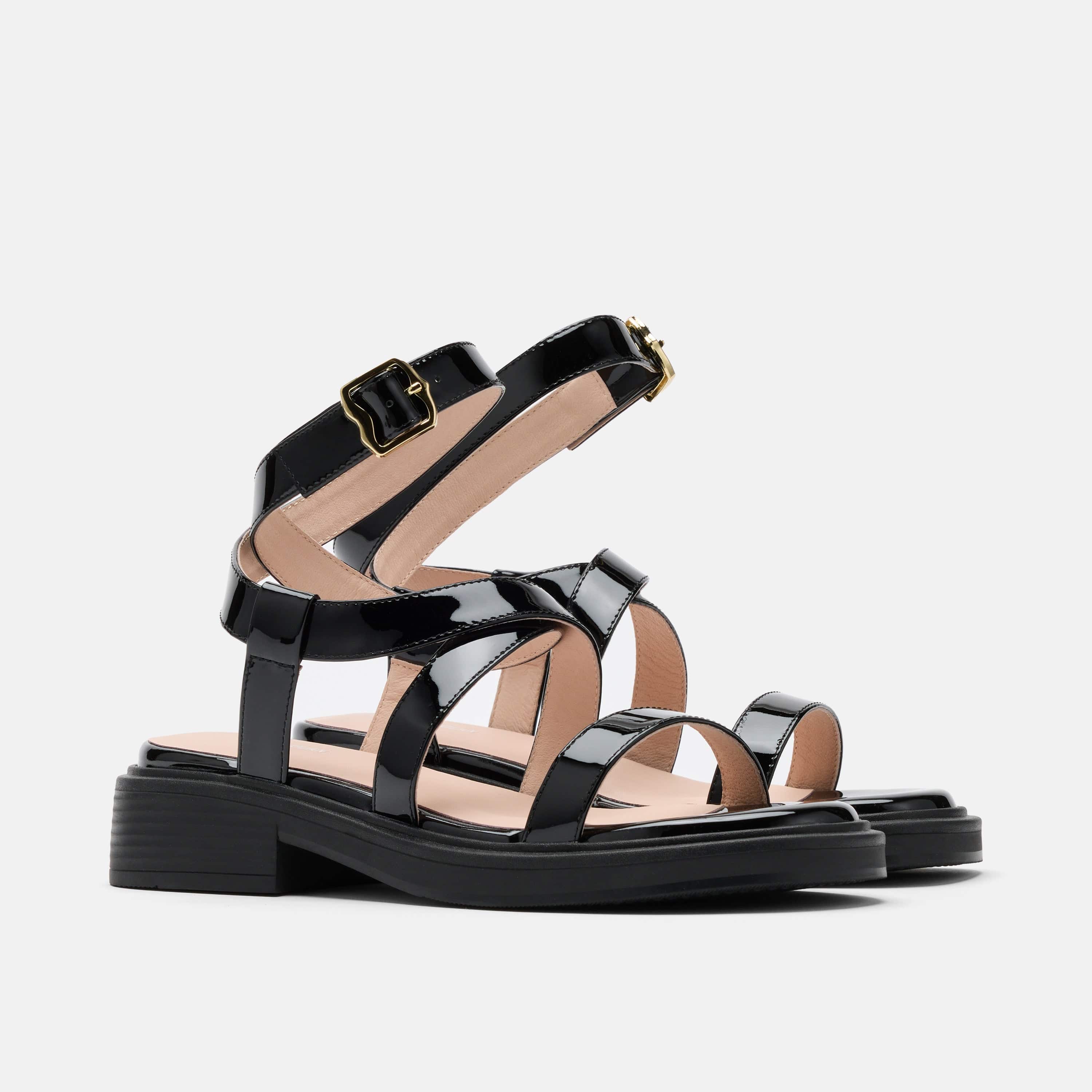 Adriana Black Patent Strappy Block Heel Sandal - Image 2