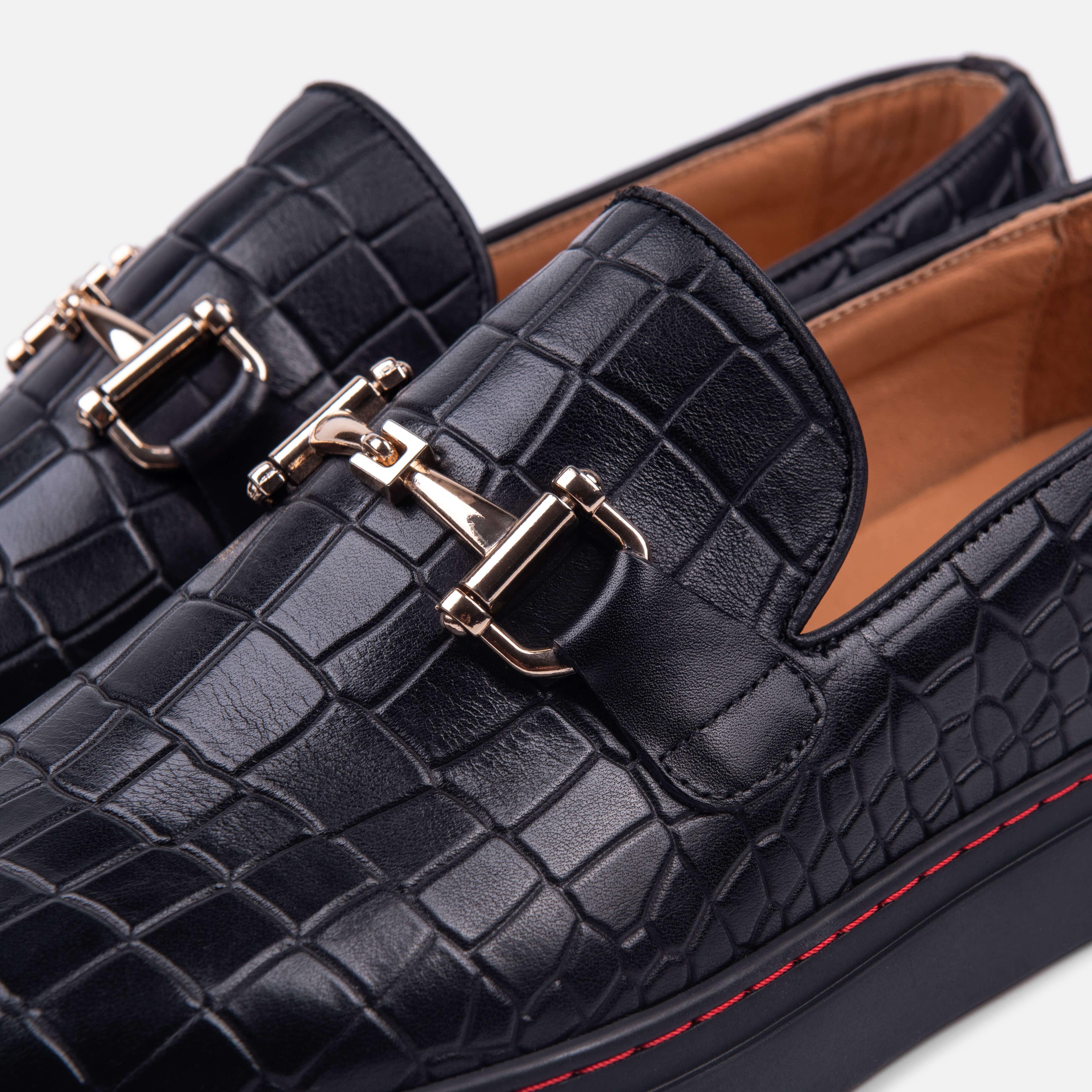 Boardwalk Black Crocskin Leather Horse-Bit Sneakers - Image 3