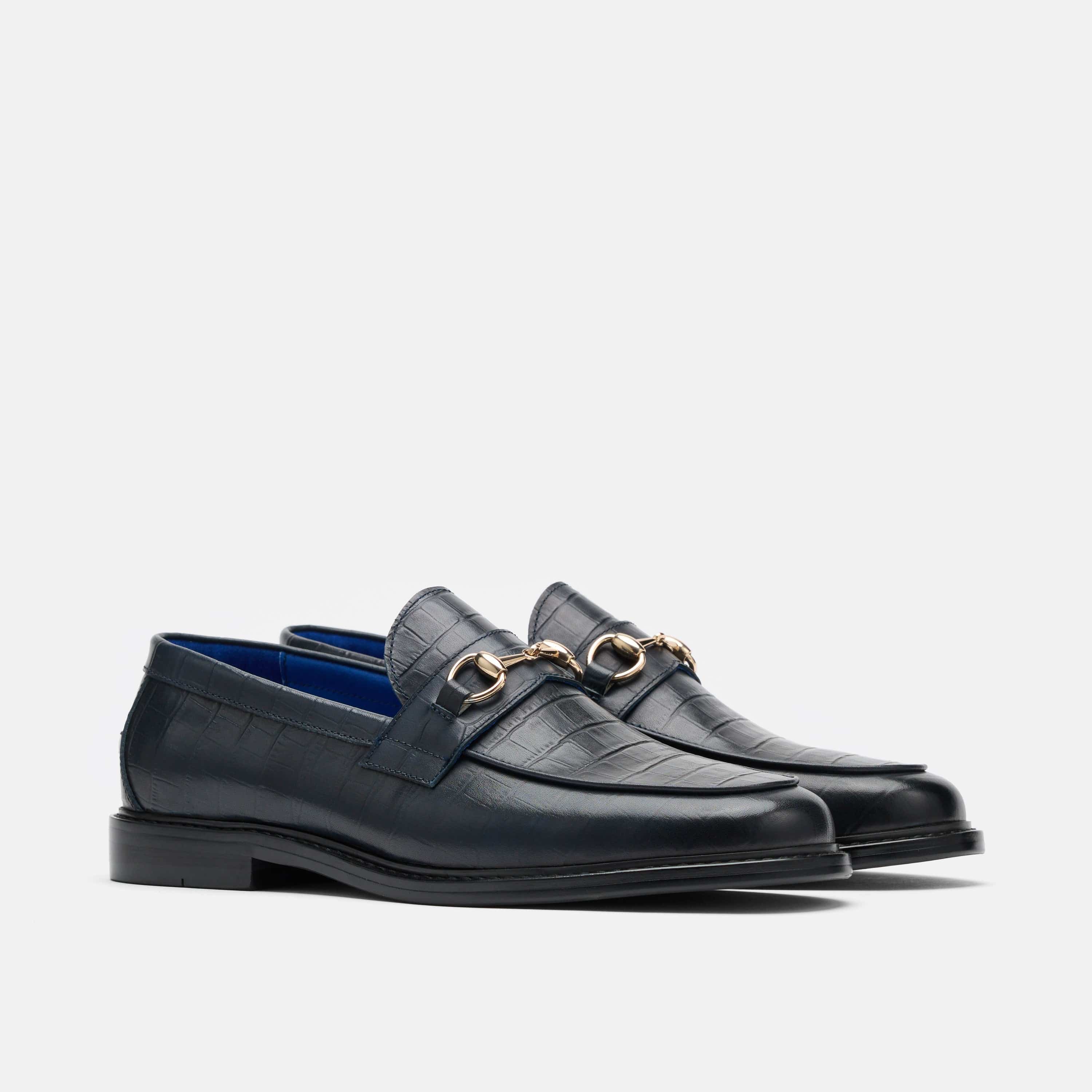 Boardwalk Navy Croc Leather Horse-Bit Loafers - Image 2