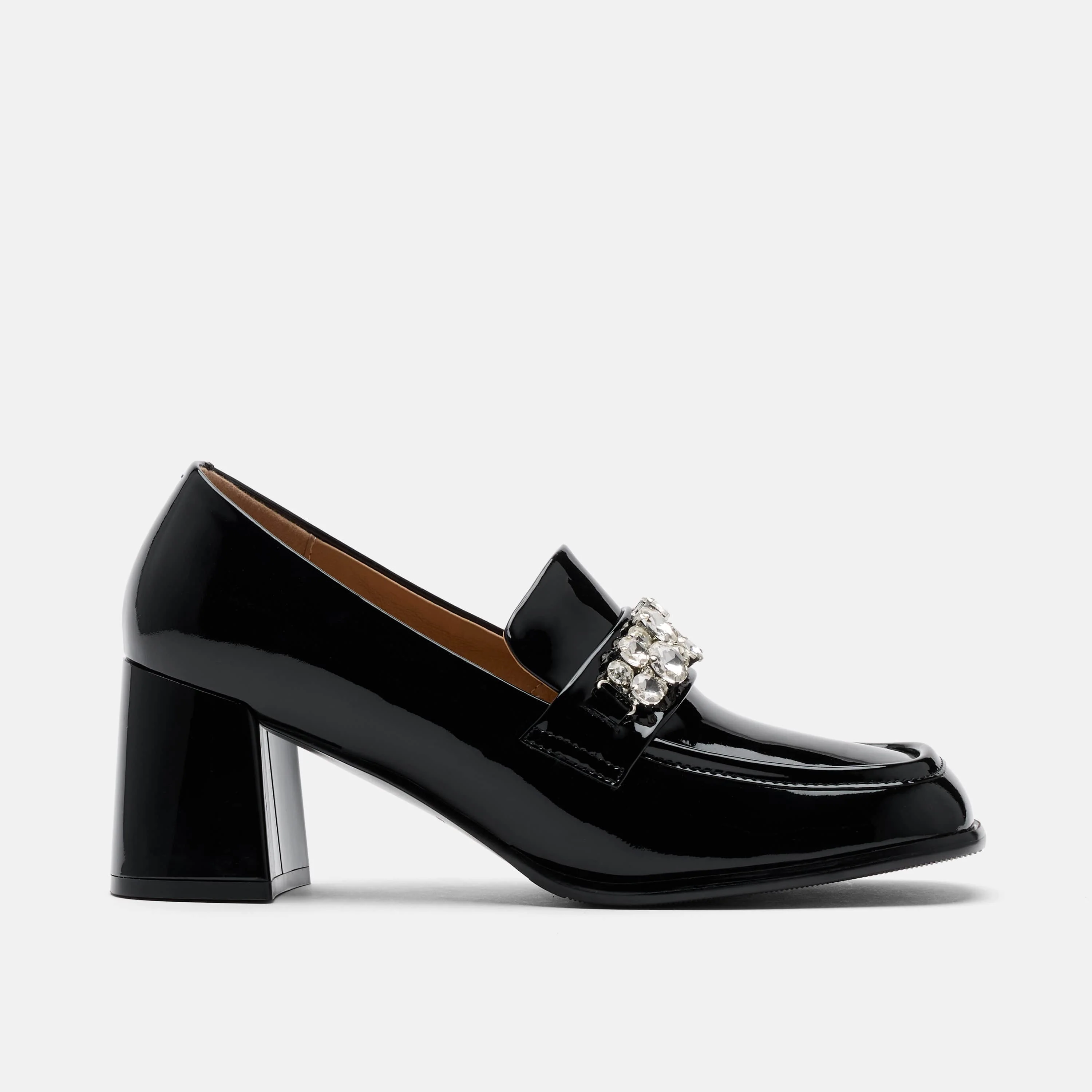 Margot Black Patent Leather Penny Loafer Block Pumps