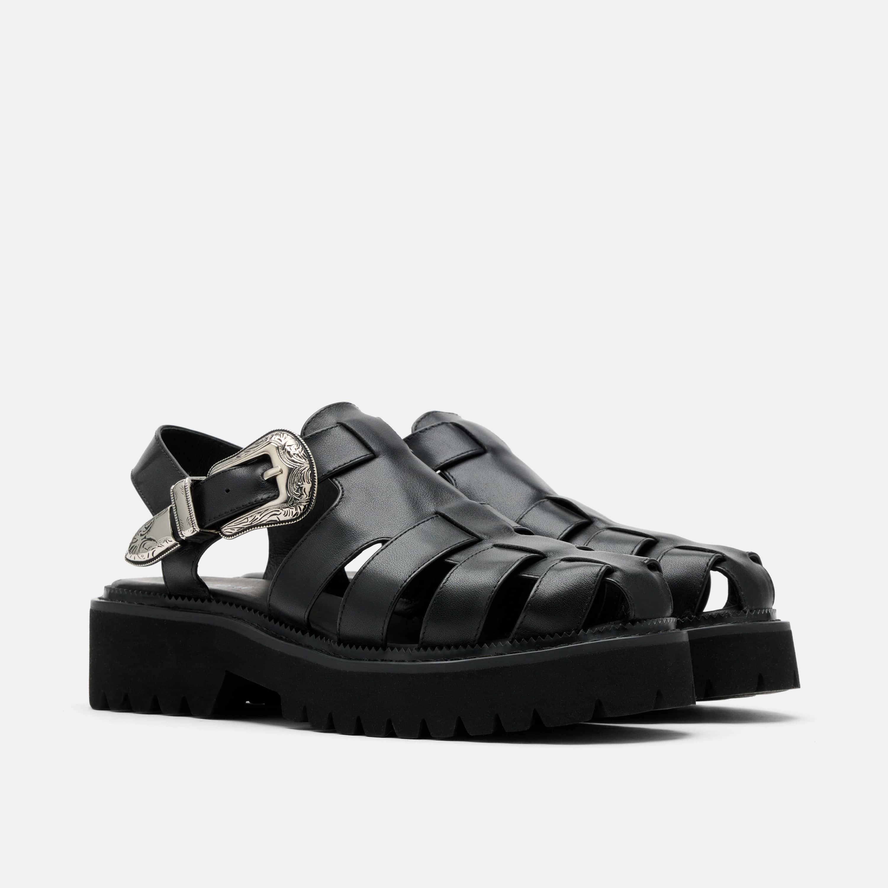 Maya Black Leather Lug Fisherman Sandals - Image 2