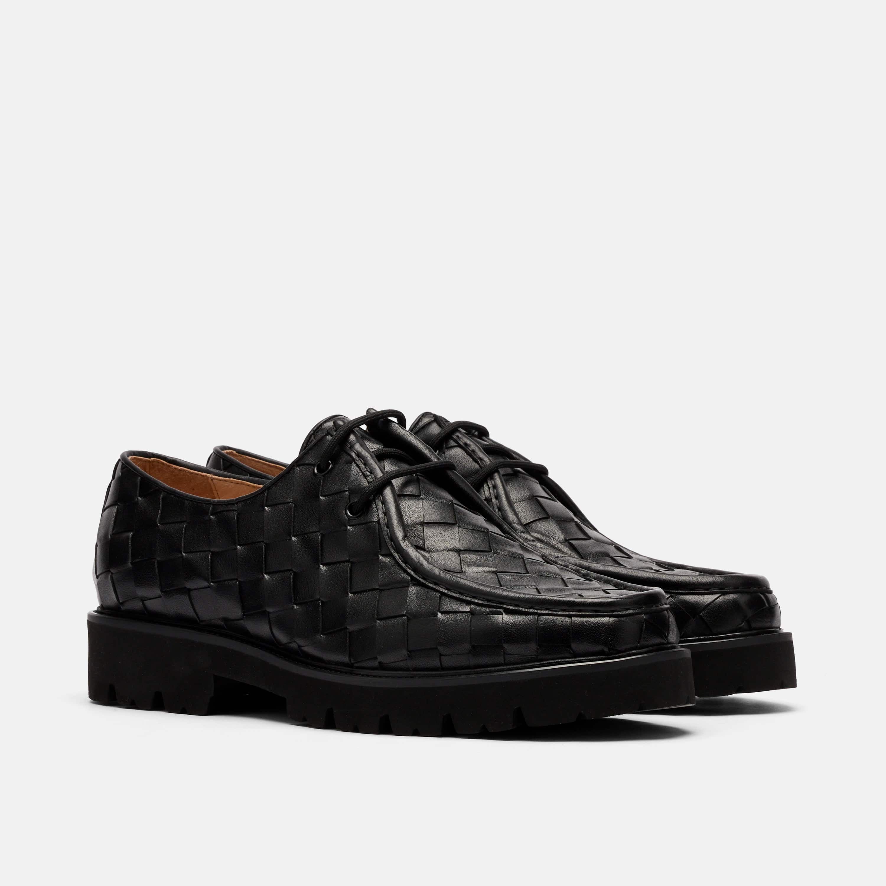 Montana Black Woven Leather Moc Toe Derbys - Image 2