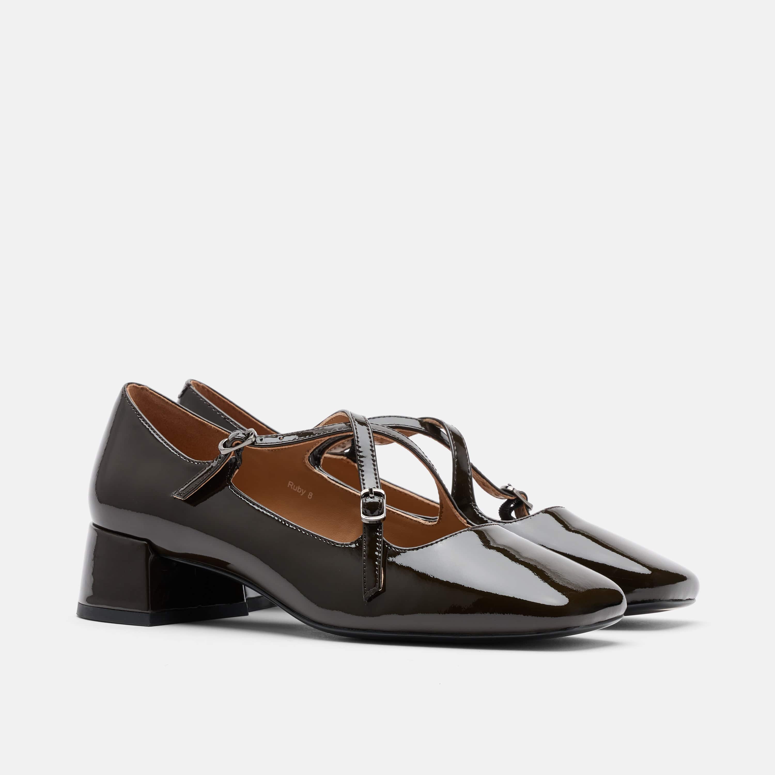 Ruby Dark Green Patent Leather Mary Jane Block Heels - Image 2
